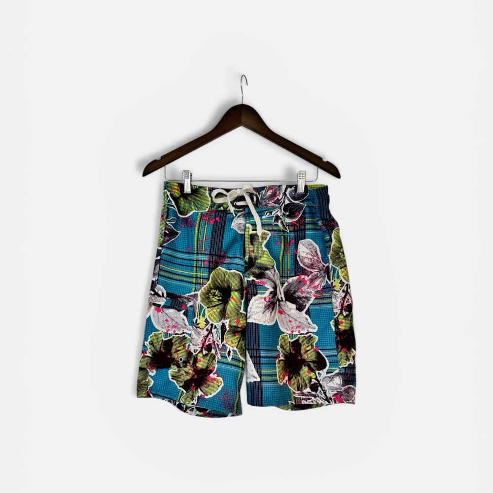 Joe Boxer Teal Plaid Swim Trunks with Green and Pink Floral Print